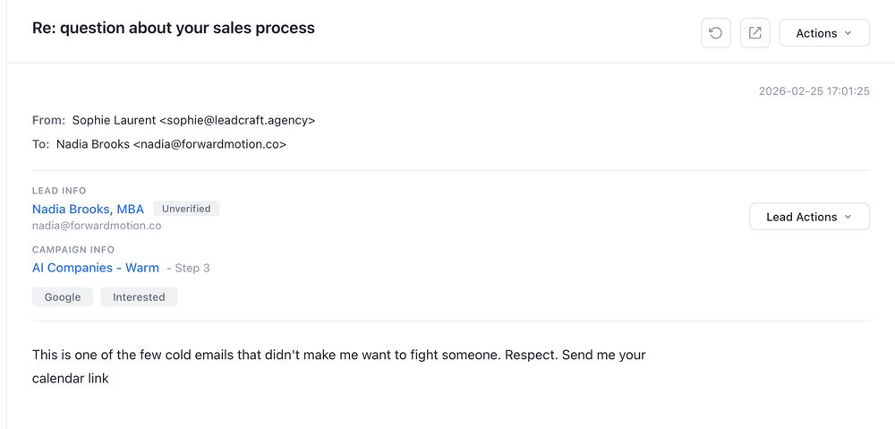 Positive reply to one of our cold emails