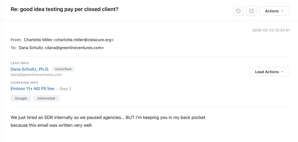 Positive reply to one of our cold emails